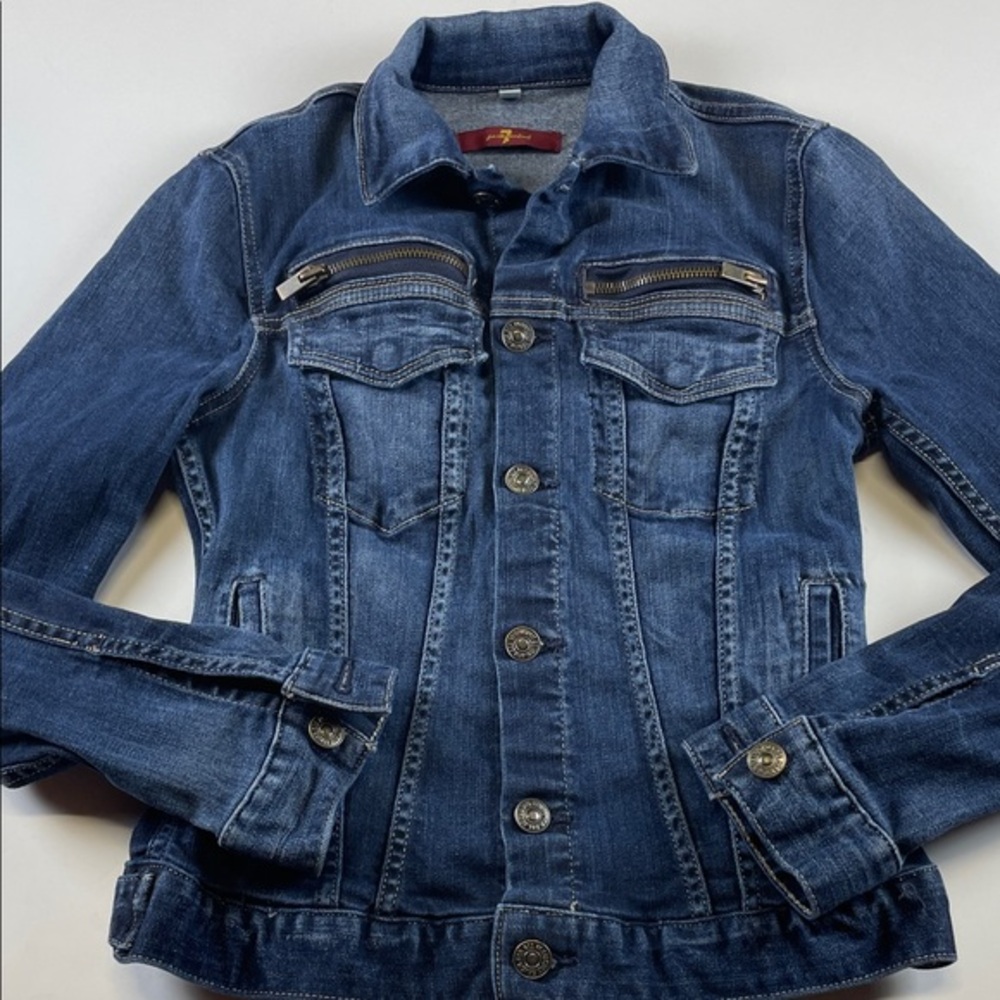 7 For All Mankind Denim Jacket Womens Zip Pocket Jean Jacket Size XS